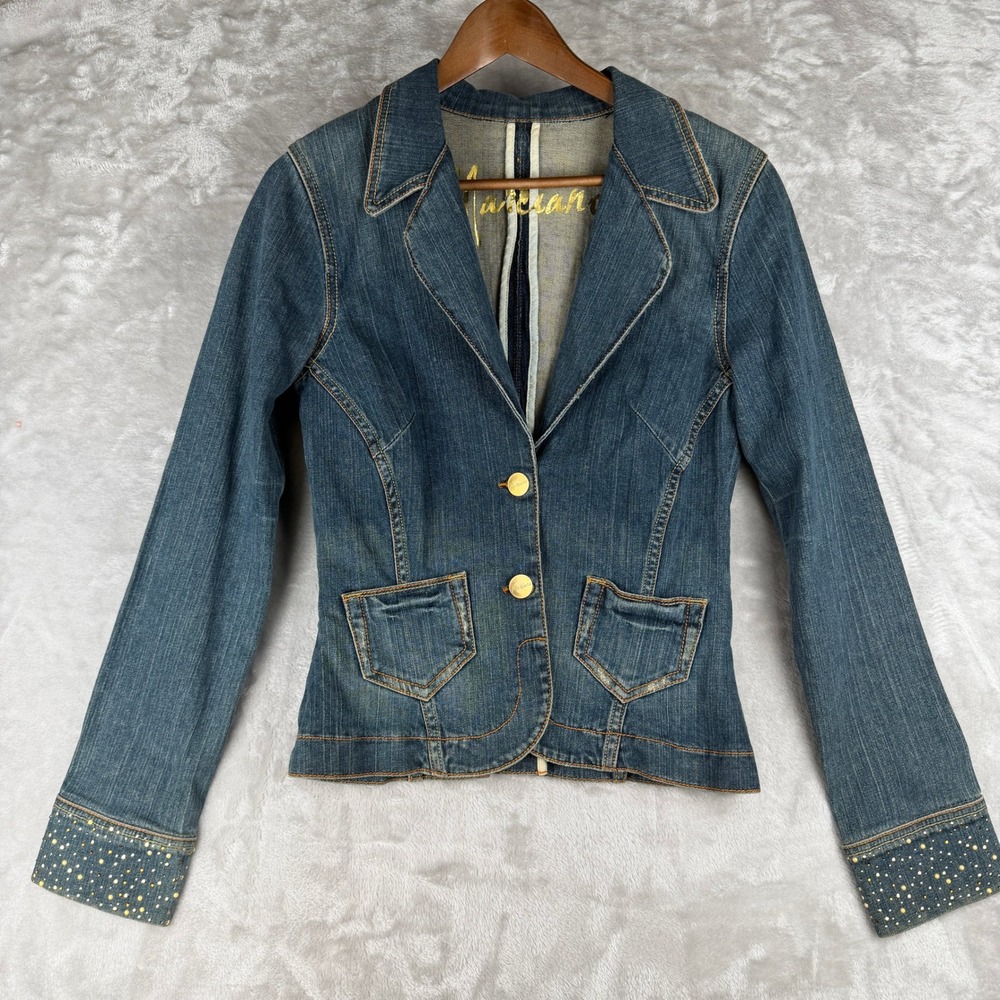 Marciano Women Blue Denim‎ Blazer Studded Cuff Gold Button Jacket L Large